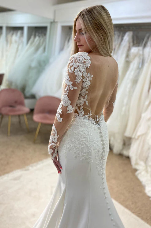 Luolandi V-Neck Mermaid Long Wedding Dress with Lace Long Sleeve Open Back Beautiful